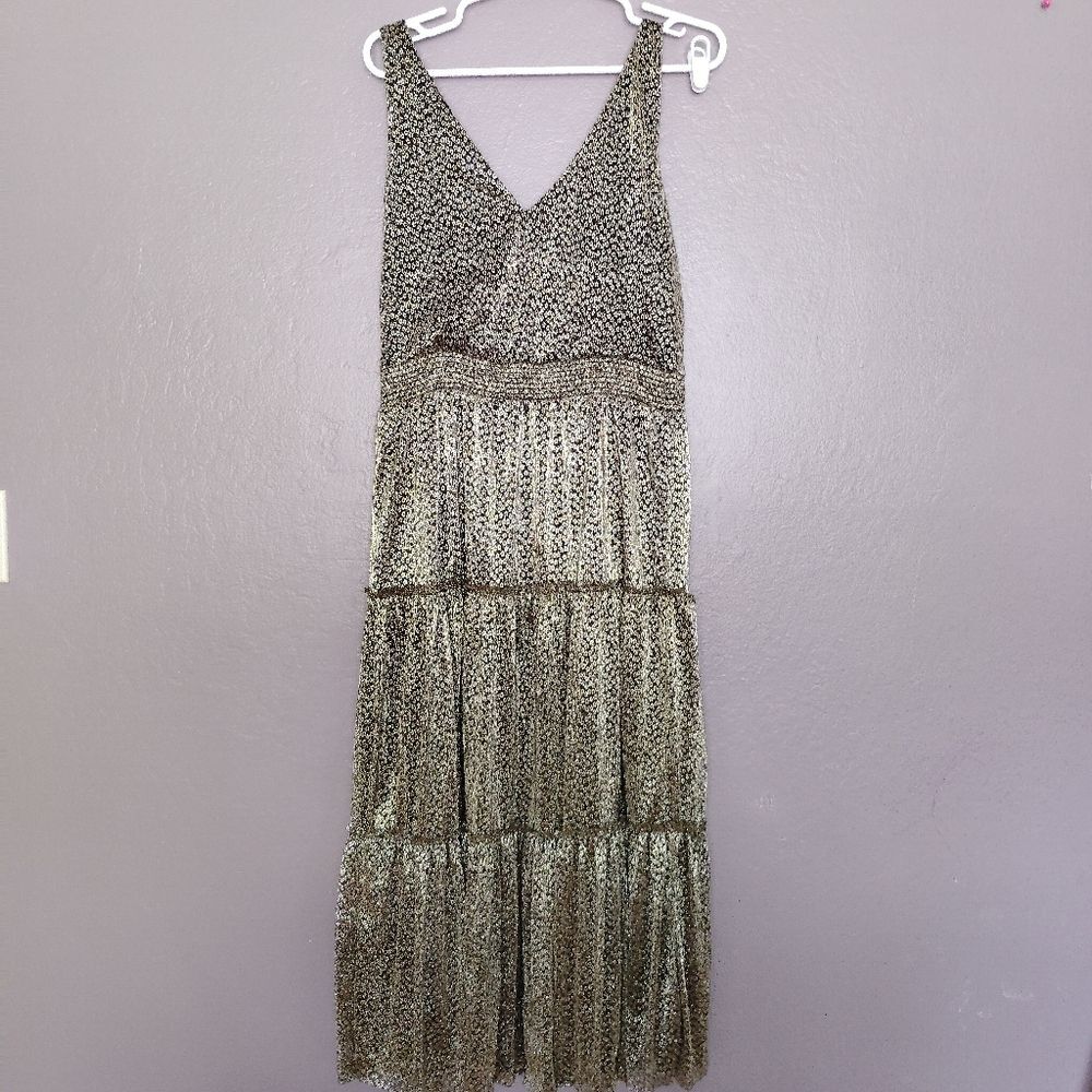 1. State Gold Metallic V Neck Midi Dress Tiered Floral Print Evening Dress Sz L